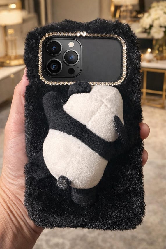 Fluffy Panda Phone Case – iPhone 17 Pro Max Plush Fur (black/white