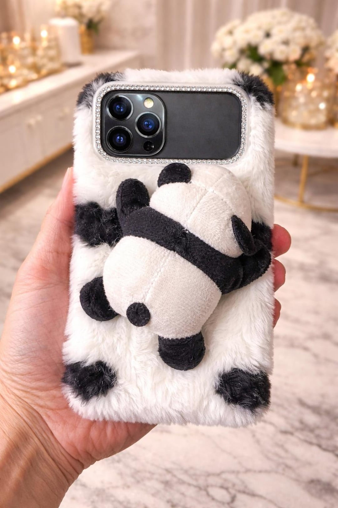 Fluffy Panda Phone Case – iPhone 17 Pro Max Plush Fur (black/white