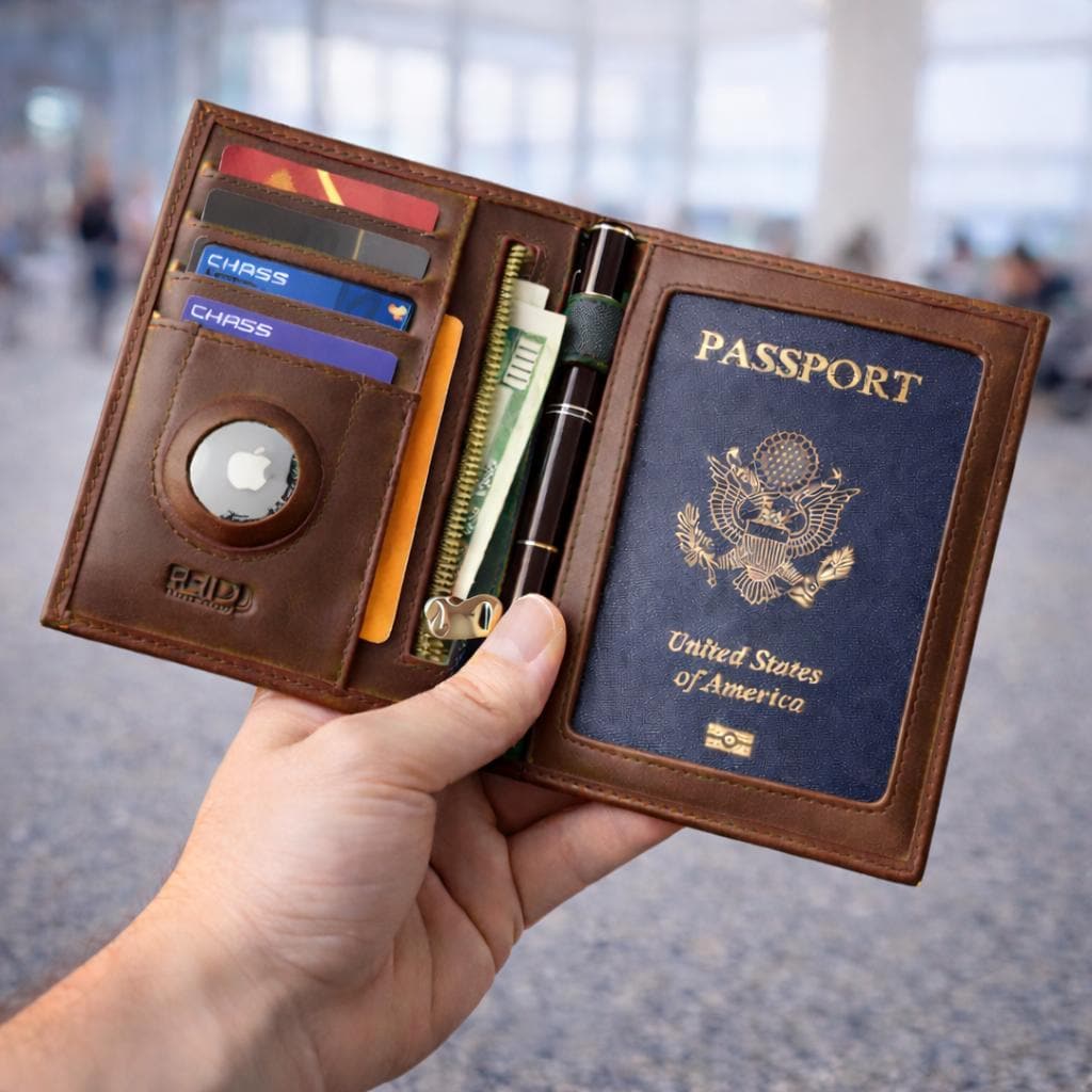 Personalized AirTag Leather Passport Holder, RFID Blocking Travel Wallet, Custom Travel Wallet, Travel Gifts for Dad,Pap