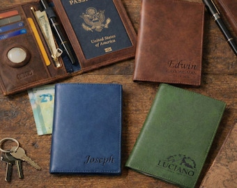 Personalized Leather Passport Holder: RFID Blocking AirTag Travel Wallet, Mens Travel Wallet, Custom Passport Case