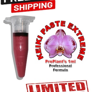 Puede incluir: Un vial transparente con líquido rojo, con marcas de medición. La imagen incluye un logotipo con una orquídea rosa y el texto "KEIKI PASTE EXTREME" y "ProPlant's 1ml Professional Formula". También aparece el texto "LIMITED TIME OFFER".