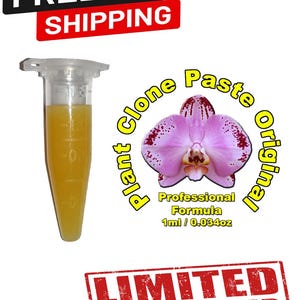 Könnte beinhalten: Eine transparente Ampulle mit gelber Flüssigkeit, neben einer rosa-lila Orchideenblüten-Grafik. Der Text lautet "Plant Clone Paste Original" und "Professional Formula 1ml / 0.034oz". Ein rotes Banner zeigt "LIMITED TIME OFFER".