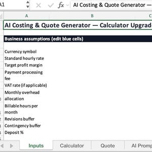 Op de afbeelding: Een screenshot van een spreadsheet met de titel "AI Costing & Quote Generator - Calculator Upgrade (UK Version)". Het toont financiële gegevens zoals uurtarief, winstmarge en btw. De spreadsheet wordt weergegeven op een computerscherm.
