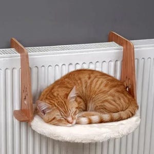 Könnte beinhalten: Eine schlafende, rot getigerte Katze auf einem weißen, flauschigen Katzenbett. Das Bett ist an einem Holzrahmen befestigt, der an einem weißen Heizkörper hängt. Das Katzenbett soll einen warmen und gemütlichen Platz bieten.