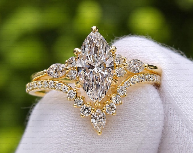 3CT Marquise Cut Lab Grown Diamond Ring Set, 14K Gold Bridal Set, Engagement Ring & Wedding Band, Curved Diamond Band, Bridal Jewelry