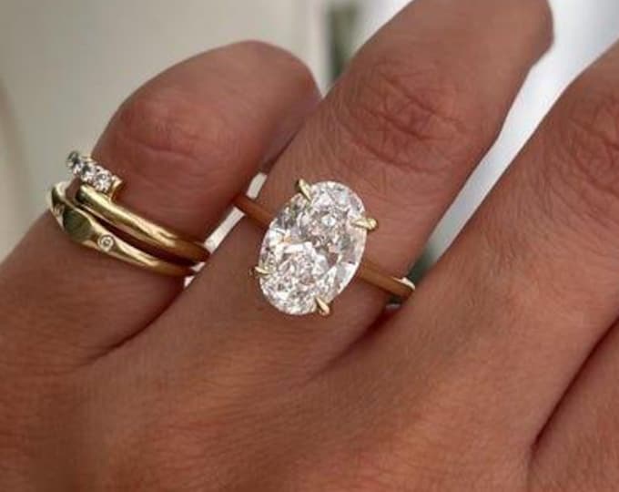 4 CT Oval Cut Moissanite Engagement Ring, Dainty Thin Yellow Gold Band, Hidden Halo Diamond Ring, Promise Ring, Anniversary Ring