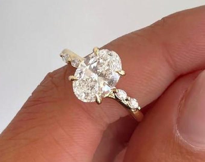 2 CT Oval Cut Moissanite Diamond Engagement Ring With Marquise Diamond Accent Anniversary Ring Wedding Gift Handmade Proposal Ring