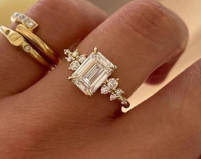 3 CT Emerald Cut Solitare Moissanite Ring , Diamond Band Engagement Ring , Brilliant Stone , Unique Wedding Or Proposal Ring Gift For Her