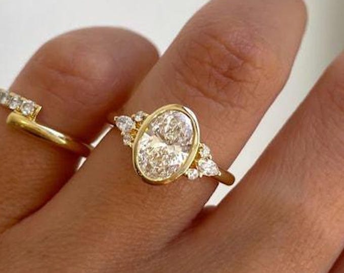 4 CT Oval Moissanite Diamond Engagement Ring bezel set 14k Solid Gold Ring Diamond Wedding, Delicate Women Promise Anniversary Ring