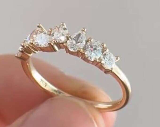 Multi-Cut Simulated Diamond Wedding Ring, Moissanite Cluster Wedding Ring, Simulated Diamond Bold Wedding Ring for Women, Modern Bridal Ring