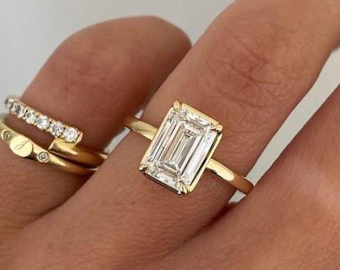 3 CT Solid Gold Elongated Emerald Moissanite Engagement Ring, Classic Wedding Band, Valentine's Day/ Birthday Gift for Her