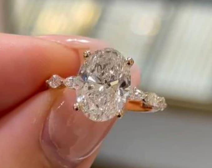 3CT Oval Cut Moissanite Engagement Ring 14K Yellow Gold Marquise Leaf Side Stones Unique Bridal Ring Oval Moissanite Promise Ring