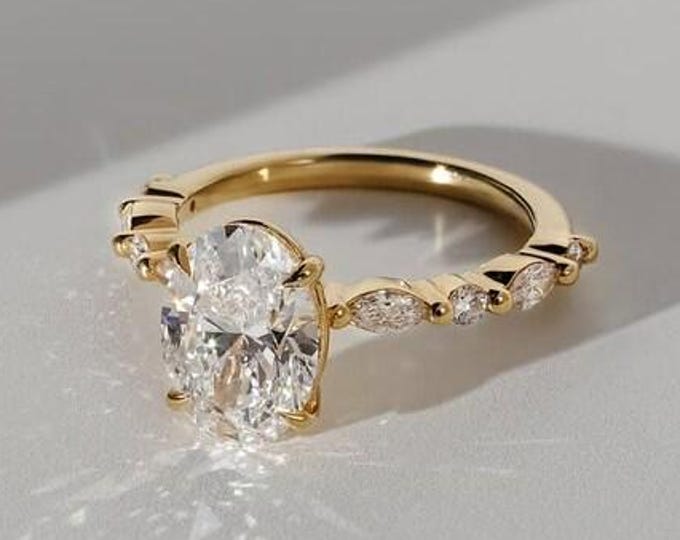 3 CT Oval Cut Moissanite Engagement Ring | Gold Ring With Side Stone | Oval Solitare With Diamond Side Accents | Inspired Wedding Band