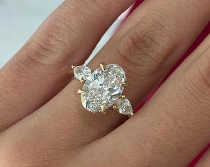 3 CT Oval Shape Moissanite Diamond Ring, Three Stone Engagement Ring, Side Pear Cut Moissanite, Wedding Anniversary Ring, Promise Ring