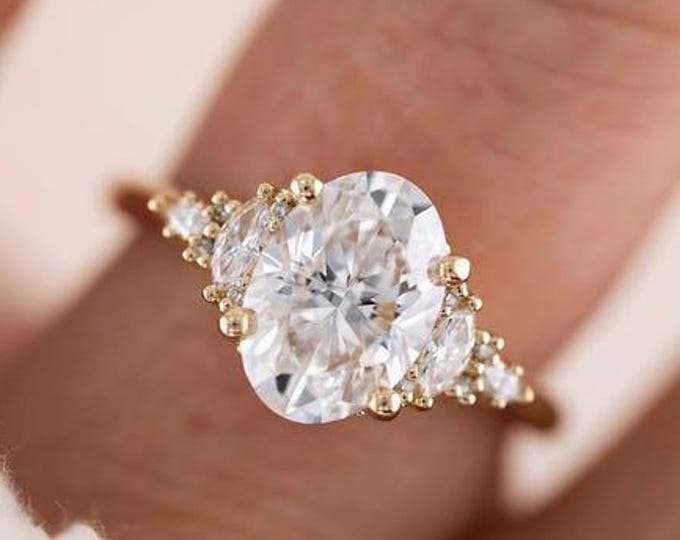 2 CT Oval Cut Moissanite Engagement Ring | Gold Ring With Side Stone | Oval Solitare With Diamond Side Accents | Inspired Wedding Band