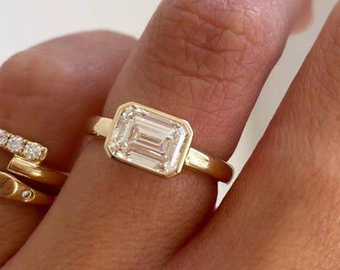 East West Emerald Cut Moissanite Engagement Ring 2.00 CT | 14K Yellow Gold Solitaire Ring | Minimalist Ring | Anniversary Gift for Her