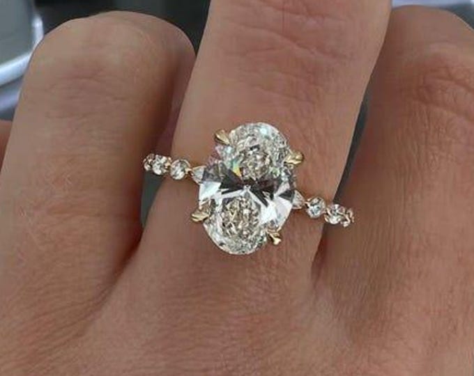 3 CT Oval Cut Moissanite Engagement Cluster Ring |Gift For Wife| Wedding Ring |Anniversary Ring/Side Stone Marquise & Round Ring/ 4-Prongs