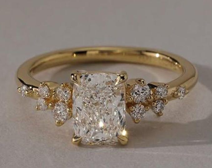 2CT Elongated Cushion Cut Moissanite Ring, 14K Gold Side Accent Diamond Ring