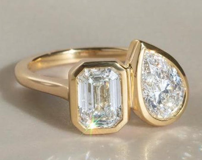 3 Carat Total Emerald & Pear Pair Moissanite Diamond Ring |Toi Et Moi | Bezel Set| Anniversary Ring | Engagement Ring | Wedding ring for her