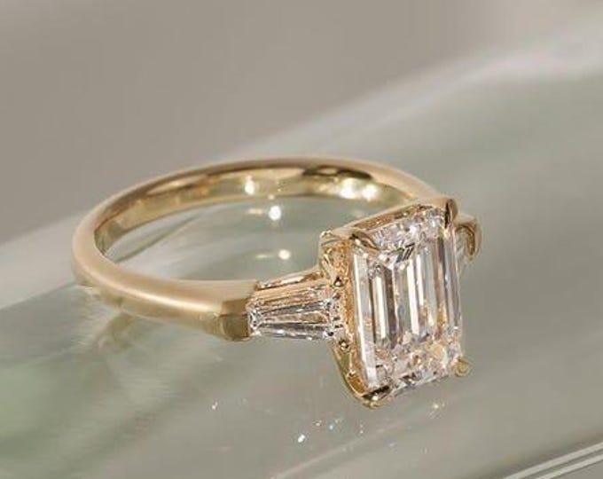 2.5 CT Emerald Cut Moissanite Diamond Engagement Ring, Baguette Side Stone Modern Classic Design, Custom Made Engagement Or Anniversery Ring