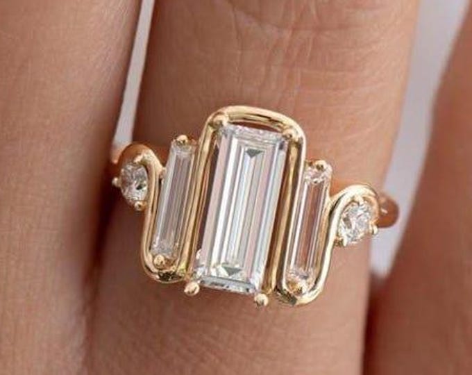 Three Stone Baguette & Round Moissanite Engagement Ring Unique Yellow Gold Anniversary Ring For Women,Long Bagutte Diamond Wedding Gift Ring