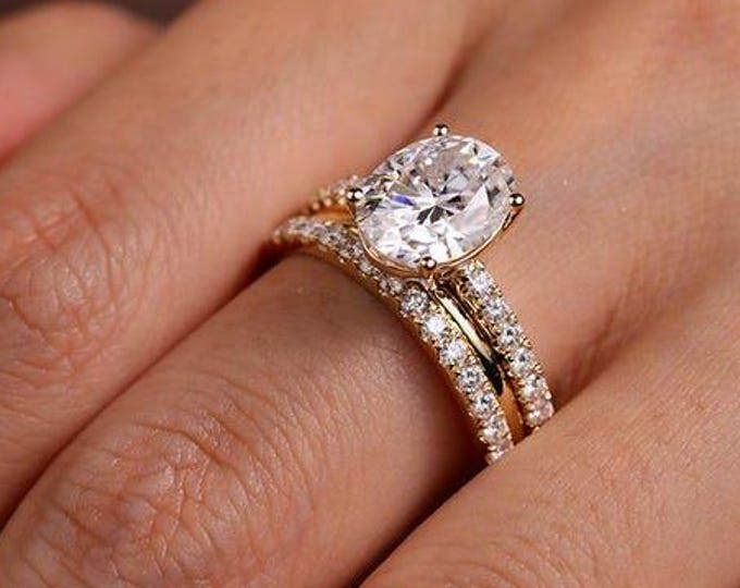 3 CT Oval Cut Moissanite Bridal Ring Set Engagement Ring Set Three Ring Set Anniversary Gift Solid Gold Matching Band Set Wedding Gifts