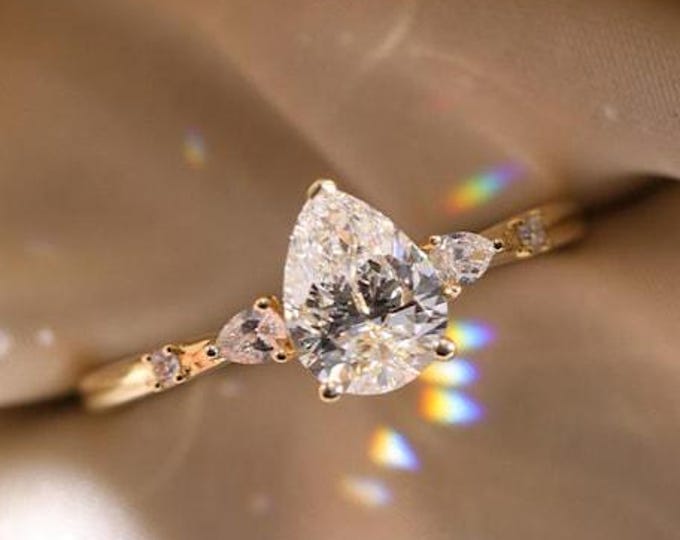 3 CT Solid Gold Pear Moissanite Engagement Ring with Accent Stone, Tear Drop Ring, Promise Ring, Proposal Ring for Her