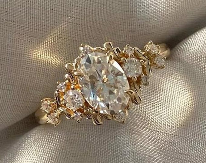 3 CT Oval Cut Unique Moissanite Engagement Ring , Round Side Stone , Vintage Inspired Bridal Jewelry , Oval Stone with Floral Cluster
