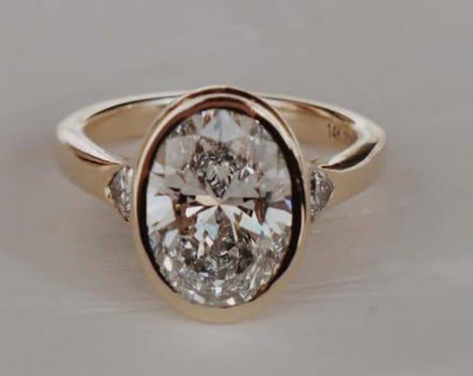 3 CT Oval Cut Three Stone Moissanite Engagement Ring, 14k Solid Gold Oval Cut Wedding Ring With Trillion Cut Side Stones, Anniversary Gift