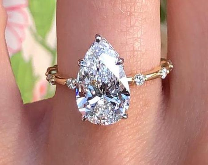 3CT Pear Cut Moissanite Engagement Ring, Bridal Wedding Band, Fine Platinum Jewelry, Gift for Her, Handmade Fine Jewelry