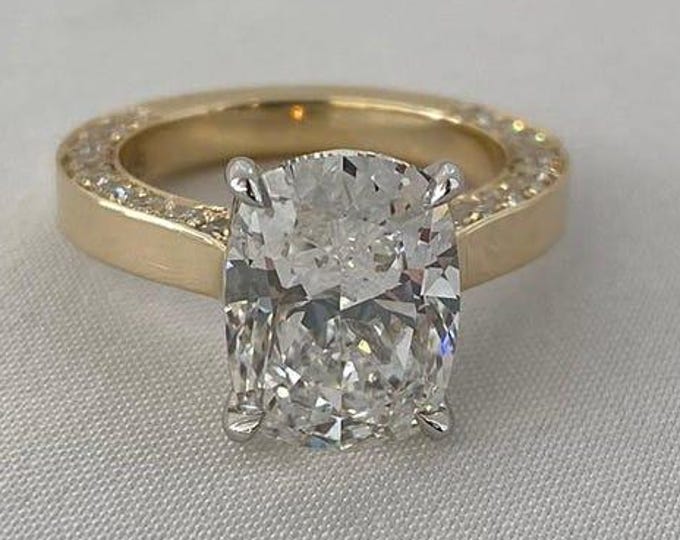 Elongated 3 CT Cushion Cut Moissanite Ring, Bezel Set Cushion Engagement Ring, Gold Moissanite Ring, Solitaire Classic Ring, Rings For Women