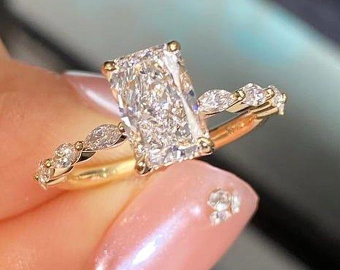 3 CT Radiant Cut Moissanite Diamond Engagement Ring • Marquise Diamond Band • Delicate Gold Ring • Proposal Ring • Handmade Fine Jewelry