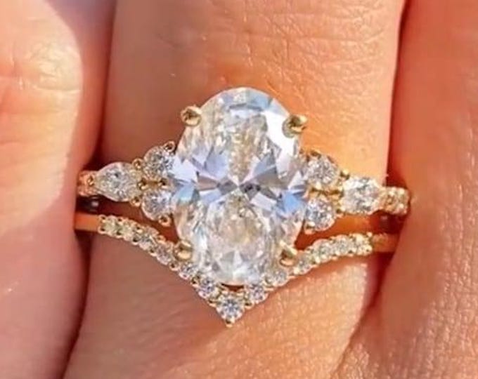 3 CT Oval Cut Moissanite Ring, Gold Full Eternity Matching Wedding Band, Bridal Ring Set, Anniversary Gift For Her