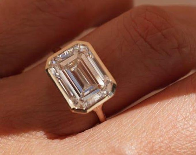 Bezel Set 2 CT Emerald Cut Moissanite Engagement Ring East West Emerald Diamond Ring 14K Gold Wedding Ring Emerald Solitaire Ring For Women