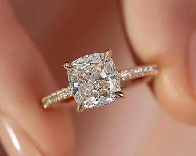 Solitaire Solid Gold 2 CT Cushion Moissanite Diamond Engagement Ring , Dainty Wedding Ring , Anniversary Gift Promise Ring for Her