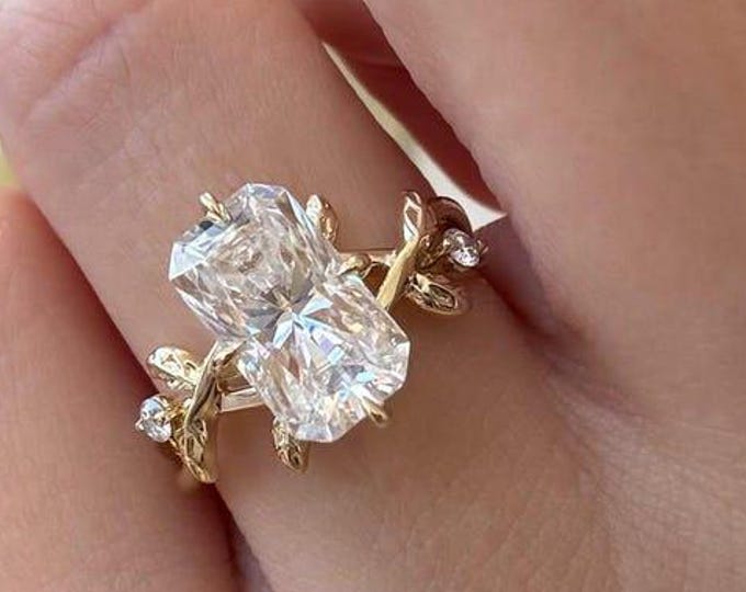 3 CT Elongated Radiant-Cut Moissanite Compass Hidden Halo Floral Ring | Unique Natural Inspired Promise Ring | Engagement Ring