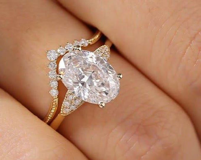 3 Ct Oval Cut Moissanite Wedding Ring Set, Moissanite Engagement Ring Set, Vintage Bridal Set, Art Deco Matching Bands, 14k/18k Gold Ring