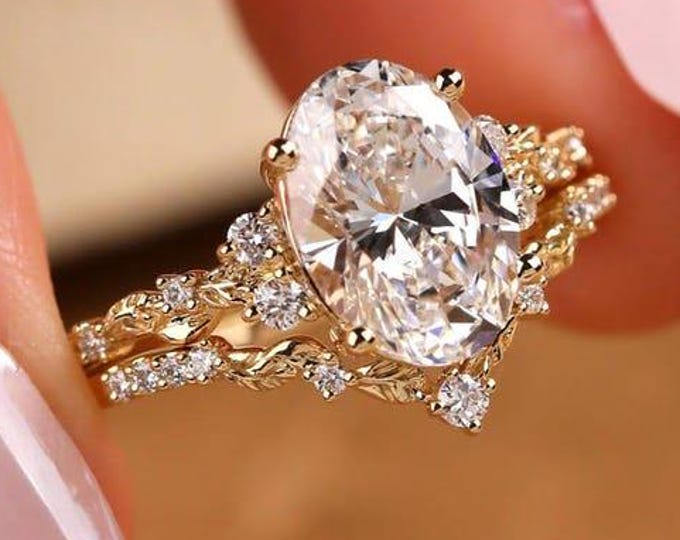 3 CT Oval Cut Moissanite Engagement Ring, Gold Full Eternity Matching Wedding Band, Bridal Ring Set, Anniversary Gift For Her