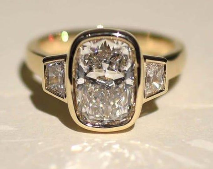 3 CT Cushion Cut Diamond Engagement Ring – 14K Gold Bezel Set with Side Baguette Diamonds – Vintage Inspired Unique Ring Gift For Her