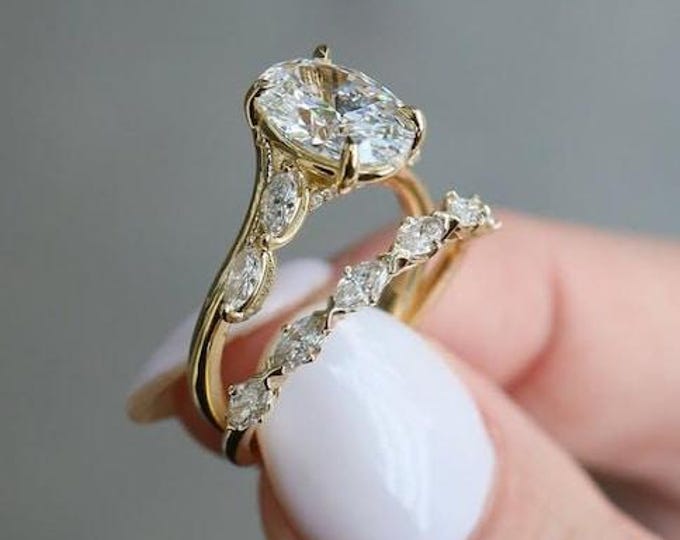 3 Carat Oval Moissanite Engagement Ring Set | 14K Gold Wedding Band | Oval Cut Bridal Ring | Anniversary Gift for Her