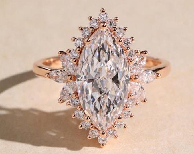 3 CT Marquise Moissanite Diamond engagement ring 14k Rose gold ring Diamond ring Unique band Promise Ring Anniversary Ring