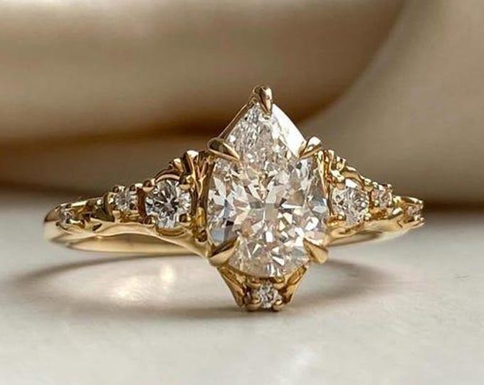 3 CT Pear Cut Moissanite Engagement Ring | Solitaire Ring | 14K Solid Gold | Vintage Inspired Pear Moissanite Ring | Unique Bridal Ring
