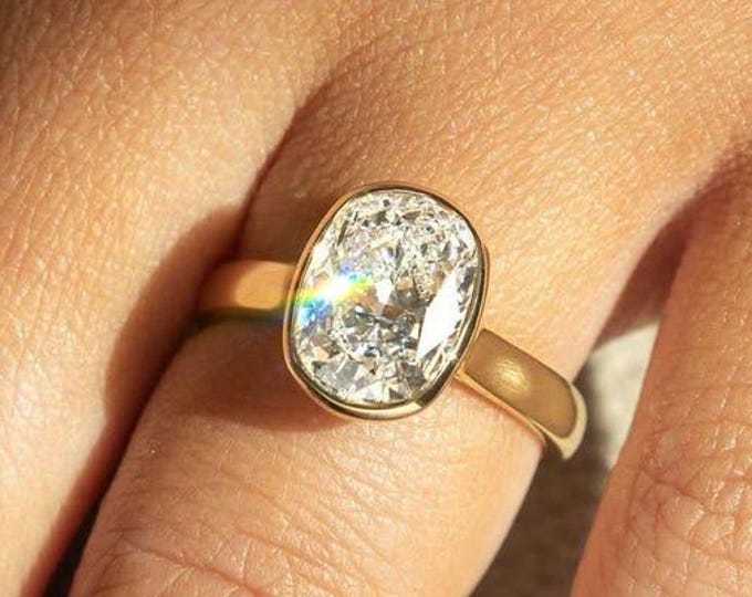 Bezel Cushion Cut Moissanite Ring, 3 CT Elongated Cushion Engagement Ring, Bezel Set Solitaire Moissanite Wedding Ring Bezel setting ring