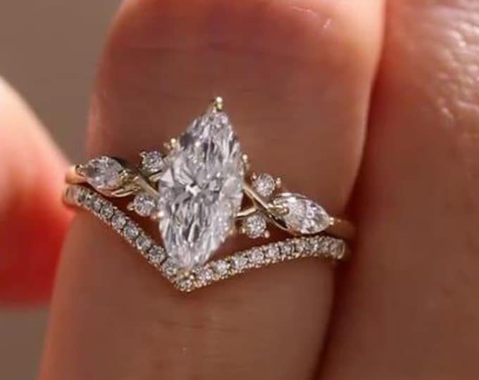 2 carat E VVS2 IGI Certified Unique Marquise Cut Lab Diamond Engagement Ring & Diamond Matching Band, 10K,14k,8K Gold Ring Set