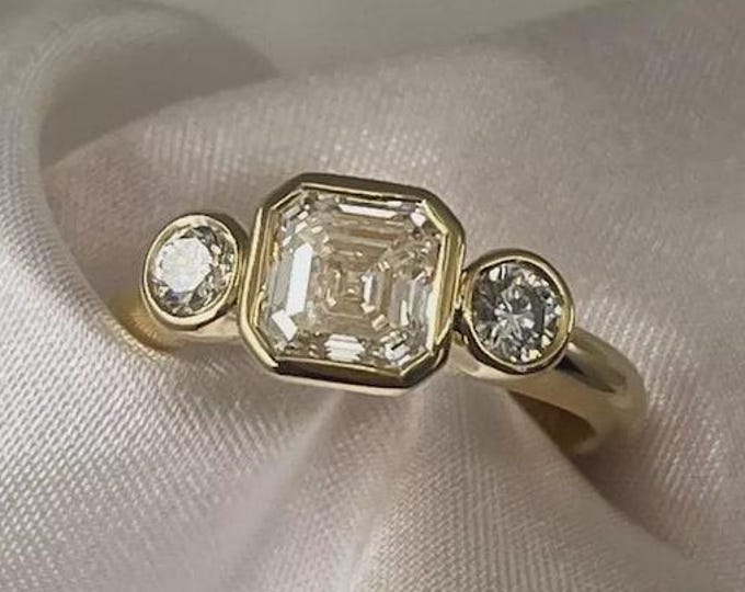 3 CT Asscher Cut Diamond Engagement Ring, Bezel Set Three Stone Ring, Yellow Gold Minimalist Ring, Vintage Inspired Fine Jewelry
