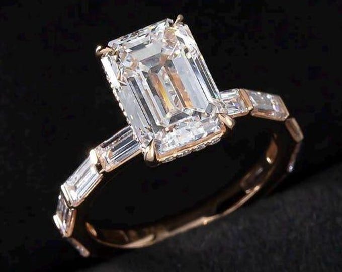 Rose Gold 3 CT Emerald Cut Moissanite Ring | Baguette Diamond Band | Vintage Style Engagement Ring | Wedding Ring | Gift For Her