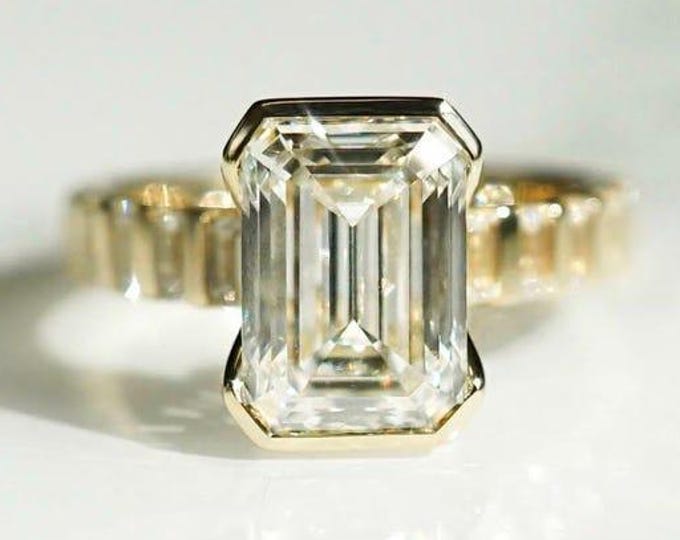 3 CT Emerald Cut Solitare Moissanite Ring , Diamond Band Engagement Ring , Brilliant Stone , Unique Wedding Or Proposal Ring Gift For Her