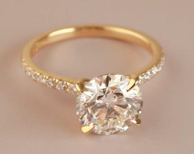 2 CT Solid Gold Round Cut Moissanite Engagement Ring, Pave Set Side-Stone Round Moissanite Wedding Ring, Solitaire Ring, Gift For Her