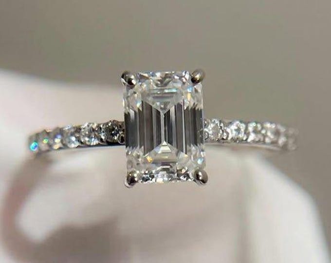 2 CT Emerald Engagement Ring Moissanite Diamond Hidden Halo Ring Elongated Anniversary Ring Claw Prong Ring Diamond Proposal Ring