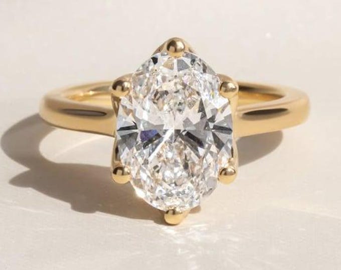 3 CT Oval Cut Moissanite Engagement Ring, Six Prong Solitaire Ring, 14k Solid Gold, Proposal Ring, Art Deco Ring, Anniversary Gift for Woman
